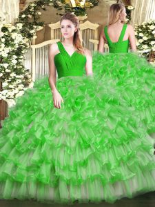  Floor Length Green Quinceanera Dress V-neck Sleeveless Zipper