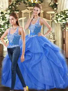 Inexpensive Blue Sleeveless Tulle Lace Up Quinceanera Gowns