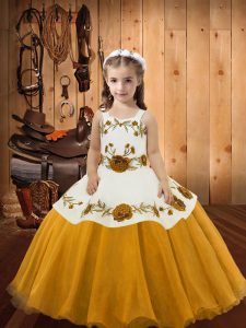  Gold Lace Up Straps Embroidery Little Girl Pageant Gowns Organza Sleeveless