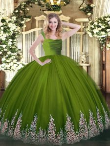  Olive Green Ball Gowns Straps Sleeveless Tulle Floor Length Zipper Beading and Appliques Ball Gown Prom Dress