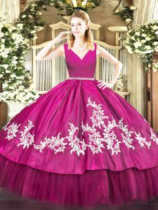 Stunning Fuchsia Sleeveless Satin and Tulle Zipper Sweet 16 Dresses for Military Ball and Sweet 16 and Quinceanera