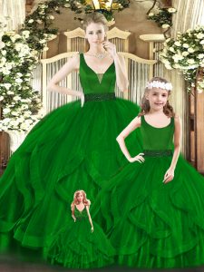Custom Design Green Ball Gown Prom Dress Military Ball and Sweet 16 and Quinceanera with Beading and Ruffles V-neck Sleeveless Zipper