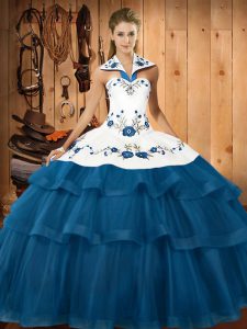 Modest Blue Organza Lace Up Ball Gown Prom Dress Sleeveless Sweep Train Embroidery and Ruffled Layers