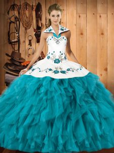 Amazing Sleeveless Floor Length Embroidery and Ruffles Lace Up Quince Ball Gowns with Teal 