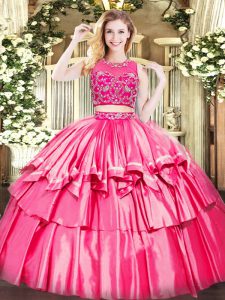  Hot Pink Sleeveless Beading and Ruffled Layers Floor Length 15th Birthday Dress