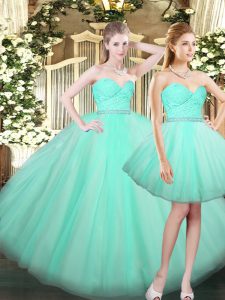  Sleeveless Floor Length Ruching Lace Up Quinceanera Dress with Aqua Blue