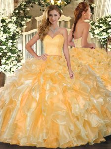 Designer Floor Length Ball Gowns Sleeveless Gold Ball Gown Prom Dress Lace Up
