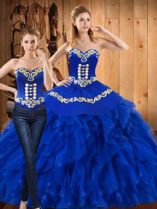 Custom Made Blue Lace Up Sweetheart Embroidery and Ruffles 15th Birthday Dress Satin and Organza Sleeveless