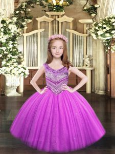  Tulle Scoop Sleeveless Lace Up Beading Kids Formal Wear in Lilac