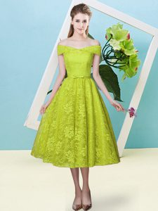 Super Off The Shoulder Cap Sleeves Court Dresses for Sweet 16 Tea Length Bowknot Olive Green Lace