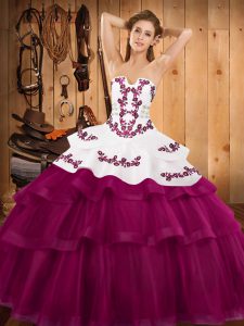 Adorable Fuchsia Sleeveless Tulle Sweep Train Lace Up Quinceanera Gown for Military Ball and Sweet 16 and Quinceanera