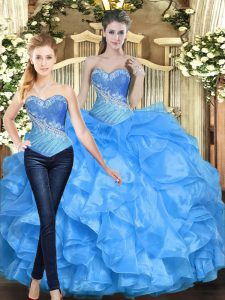 Nice Organza Sweetheart Sleeveless Lace Up Beading and Ruffles Quinceanera Dresses in Baby Blue