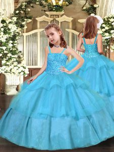  Aqua Blue Kids Formal Wear Party and Sweet 16 and Quinceanera and Wedding Party with Beading and Ruffled Layers Straps Sleeveless Lace Up