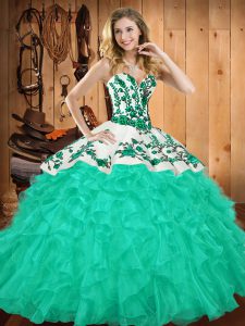 Clearance Turquoise Satin and Organza Lace Up Sweet 16 Dresses Sleeveless Floor Length Embroidery and Ruffles