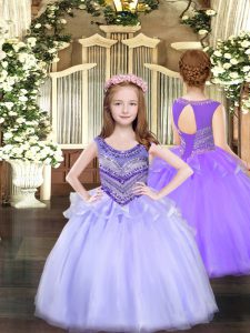 Beauteous Lavender Lace Up Kids Pageant Dress Beading Sleeveless Floor Length