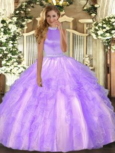  Lavender Halter Top Neckline Beading and Ruffles 15 Quinceanera Dress Sleeveless Backless
