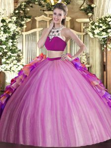  Sleeveless Backless Floor Length Beading and Ruffles Ball Gown Prom Dress