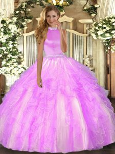 Top Selling Lilac Halter Top Backless Beading and Ruffles Sweet 16 Quinceanera Dress Sleeveless