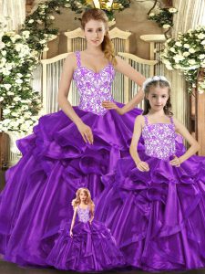 Latest Straps Sleeveless Lace Up Quinceanera Gowns Purple Organza