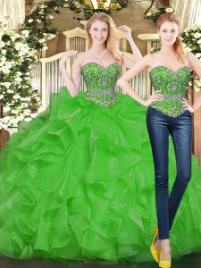  Green Ball Gowns Sweetheart Sleeveless Tulle Floor Length Lace Up Beading and Ruffles 15th Birthday Dress