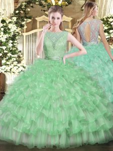  Apple Green Sleeveless Tulle Backless Quinceanera Dress for Military Ball and Sweet 16 and Quinceanera