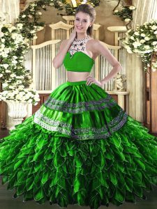  Floor Length Two Pieces Sleeveless Green Ball Gown Prom Dress Backless