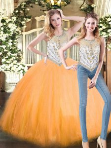 Beautiful Floor Length Zipper 15 Quinceanera Dress Orange Red for Military Ball and Sweet 16 and Quinceanera with Beading