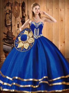  Embroidery Quinceanera Gown Blue Lace Up Sleeveless Floor Length