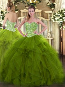  Olive Green Ball Gowns Organza Sweetheart Sleeveless Beading and Ruffles Floor Length Lace Up Quinceanera Dresses