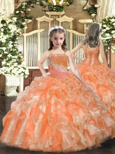 Popular Floor Length Lace Up Kids Pageant Dress Orange for Party and Sweet 16 and Quinceanera and Wedding Party with Beading and Sequins