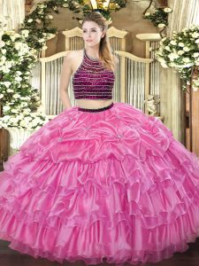 Exquisite Rose Pink Halter Top Neckline Beading and Ruffled Layers 15th Birthday Dress Sleeveless Zipper