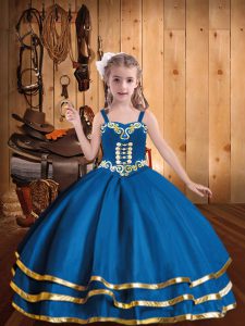 Glorious Floor Length Blue Little Girl Pageant Gowns Organza Sleeveless Embroidery and Ruffled Layers