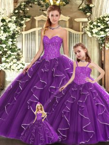  Organza Sweetheart Sleeveless Lace Up Beading and Ruffles Sweet 16 Quinceanera Dress in Purple