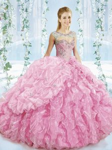 Best Selling Beading and Ruffles Vestidos de Quinceanera Baby Pink Lace Up Sleeveless Brush Train
