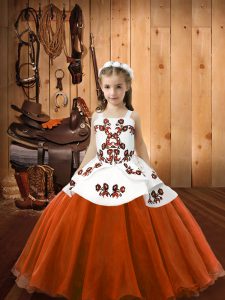  Sleeveless Organza and Tulle Floor Length Lace Up Little Girl Pageant Dress in Orange Red with Embroidery