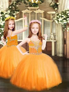  Spaghetti Straps Sleeveless Kids Pageant Dress Floor Length Beading Orange Tulle