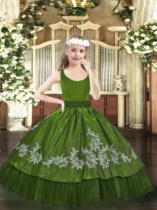  Olive Green Ball Gowns Beading and Appliques Party Dress for Girls Zipper Taffeta Sleeveless Floor Length