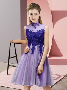 Custom Fit Lavender Tulle Lace Up Court Dresses for Sweet 16 Sleeveless Knee Length Appliques