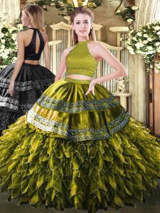 Flirting Floor Length Backless 15th Birthday Dress Olive Green for Military Ball and Sweet 16 and Quinceanera with Beading and Embroidery and Ruffles