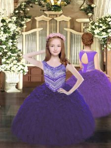 Latest Purple Ball Gowns Beading and Ruffles Kids Pageant Dress Lace Up Organza Sleeveless Floor Length