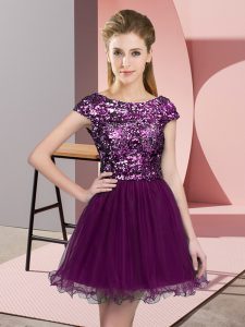 Suitable Purple A-line Scoop Cap Sleeves Tulle Mini Length Zipper Sequins Quinceanera Dama Dress