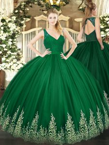  Dark Green Ball Gowns Beading and Appliques 15 Quinceanera Dress Zipper Tulle Sleeveless Floor Length