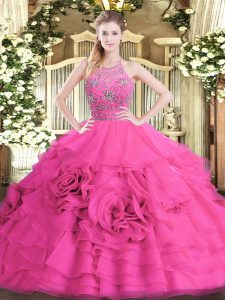 Pretty Sleeveless Floor Length Beading and Ruffled Layers Zipper Quinceanera Gowns with Hot Pink