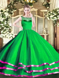  Floor Length Green Quinceanera Gown Organza Sleeveless Beading and Ruffled Layers