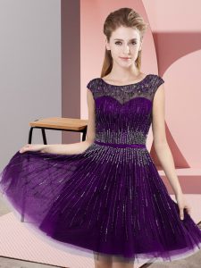  Dark Purple Tulle Backless Scoop Sleeveless Knee Length Prom Party Dress Beading