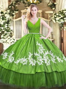 High Quality Olive Green Sleeveless Tulle Zipper Ball Gown Prom Dress for Military Ball and Sweet 16 and Quinceanera