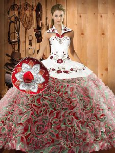 High Class Fabric With Rolling Flowers Sleeveless Sweet 16 Dress Sweep Train and Embroidery