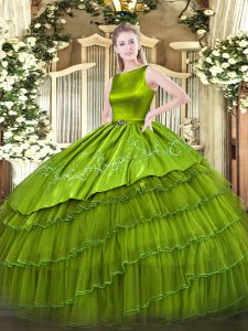Elegant Olive Green Scoop Neckline Embroidery and Ruffled Layers Quince Ball Gowns Sleeveless Lace Up