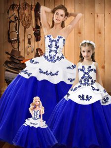 Dazzling Embroidery Quinceanera Dress Blue Lace Up Sleeveless Floor Length
