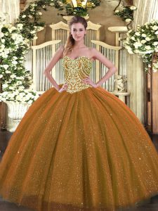 Deluxe Beading Quince Ball Gowns Brown Lace Up Sleeveless Floor Length
